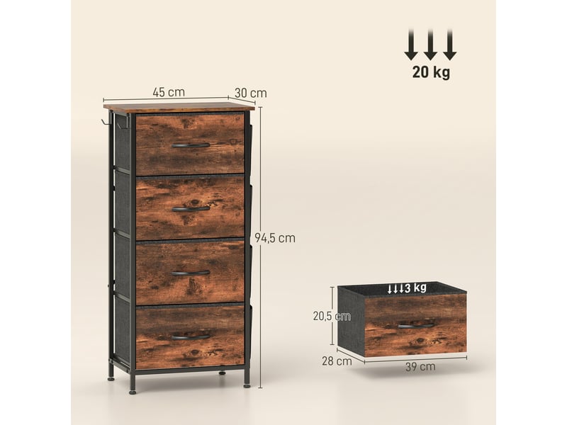  Commode 4 tiroirs en tissu, meuble de rangement avec 4 poches, 2 crochets, structure en acier, 45 x 30 x 94,5 cm, marron  - Conforama C