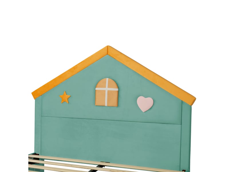  Lit enfant avec rangement 140 x 200 cm bleu vert en velours français, 4 tiroirs et tête de lit maison  - Conforama E