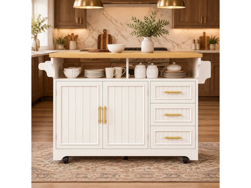  Îlot de cuisine mobile avec plateaux rabattables et rangement - lpospi - 3 tiroirs, roulettes, mdf blanc  - Conforama C