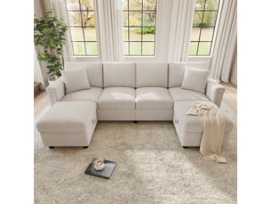 Canapé modulable en chenille beige, canapé d'angle convertible en u ou l avec coffre de rangement, pour salon moderne, 261x134x82cm.
