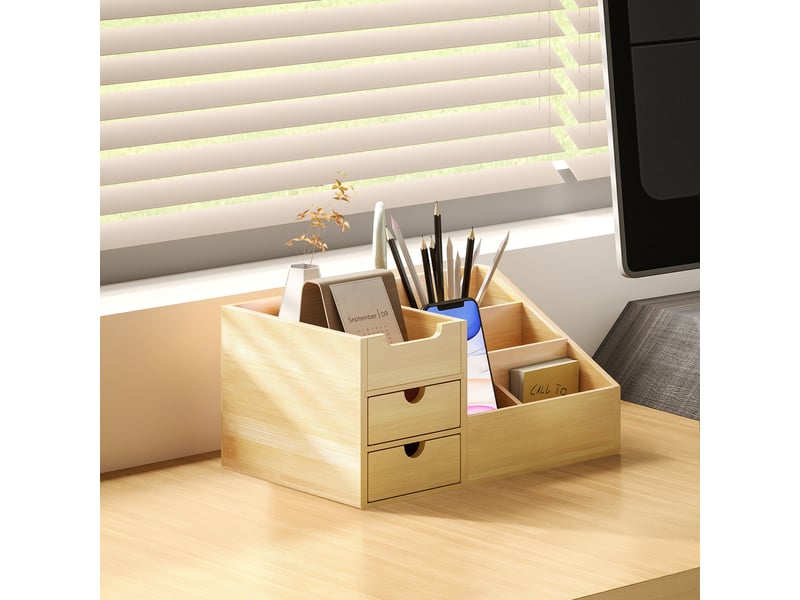  Boite de rangement de bureau - organiseur de bureau - 7 compartiments, bambou, 2 tiroirs - bambou verni  - Conforama D