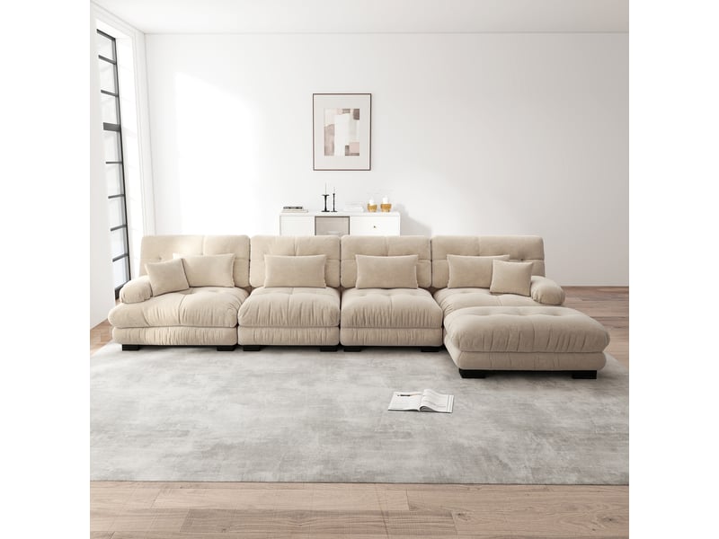  Canapé d'angle, canapé modulable – 4 places, marron clair, style cloud, pouf amovible, en chenille  - Conforama C