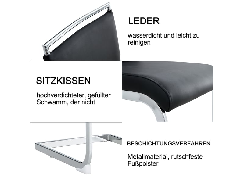  Lot de 4 chaises de salle à manger ergonomiques à dossier haut rembourré, en similicuir et lin, métal noir  - Conforama E