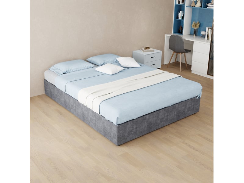  Lit adulte 140 × 200 cm 2 places avec vérin à gaz, dossier réglable, sans matelas, en velours gris  - Conforama C