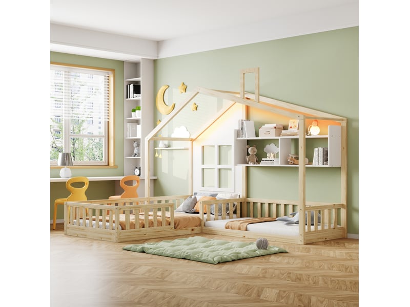  Lit enfant 90x200 cm éclairage led et étagères en bois et mdf blanc ou coloris naturel  - Conforama B
