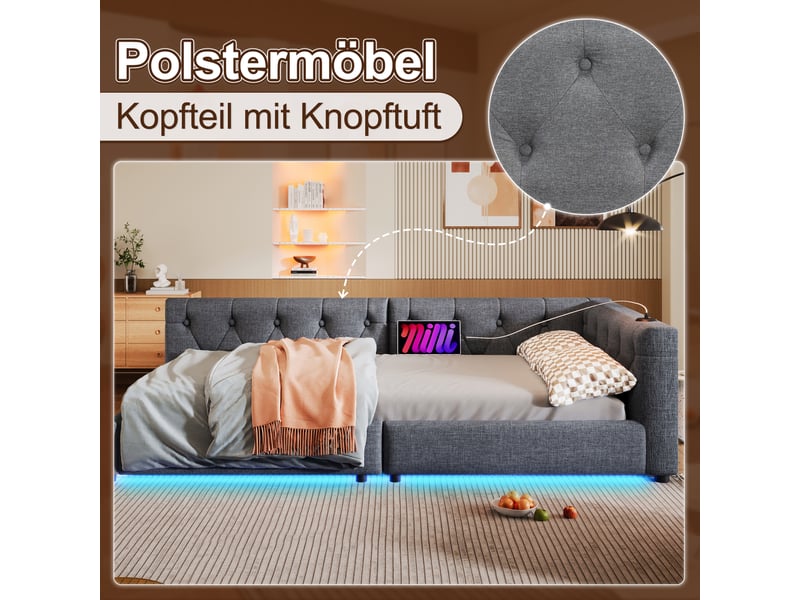  Canapé-lit 90 x 200 cm avec usb + type-c, lit simple avec led éclairage, lit adulte, lit 1 personne, gris, tête de lit capitonnée  - Conforama A