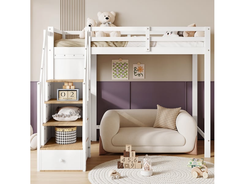  Modenvie lit mezzanine enfant 90x200 cm - bureau 3 tiroirs, rangement integre, sans matelas - blanc  - Conforama B