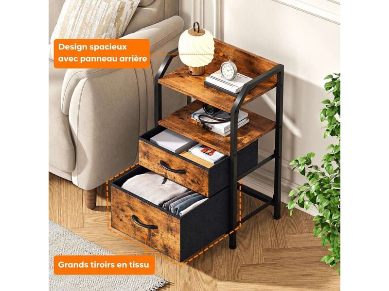  Table de chevet 40x30x70 cm deux tiroirs tissu etagere ouverte marron rustique noir  - Conforama C