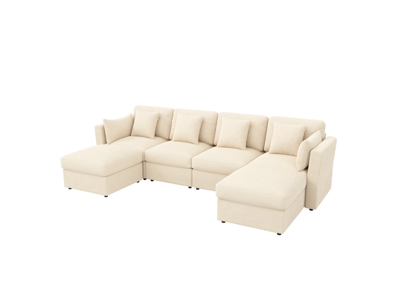  Canapé d’angle en u modulable 6 places 290 x 159,5 x 89 cm avec accoudoirs réglables, 2 poufs amovibles, velours côtelé - beige  - Conforama A