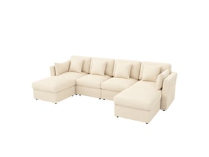 Canapé d’angle en u modulable 6 places 290 x 159,5 x 89 cm avec accoudoirs réglables, 2 poufs amovibles, velours côtelé - beige