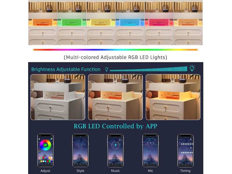  Table de chevet 50x40x60 cm avec led, 2 tiroirs et niche ouverte, blanc  - Conforama E