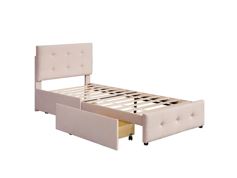  Lit enfant 90x200 cm avec 2 tiroirs, tête de lit réglable et sommier, velours, beige foncé, sans matelas  - Conforama A