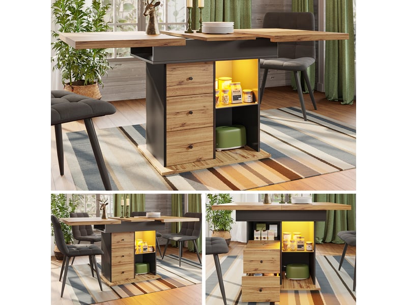 Table de séjour rectangulaire avec allonge naturel+noir - 80x110-140max.cm led mdf table bicolore - Conforama B