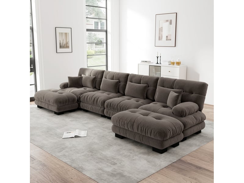 Canapé d'angle modulable ulevr 4 places avec poufs mobiles, configuration u, l ou droite, chenille marron, 406 x 145 x 81 cm - Conforama E