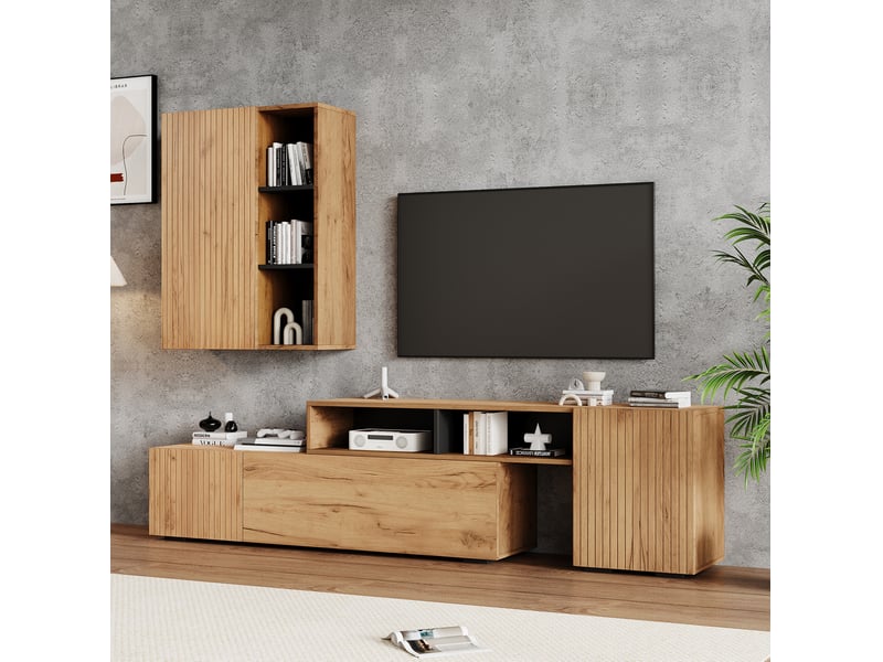  Ensemble meuble tv extensible 174-265 cm – chêne et noir – rangement intégré, à poser ou mural pour grand écran  - Conforama B