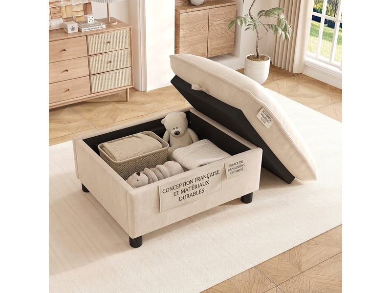  Pouf coffre de rangement beige 98x65x48 cm en tissu chenille, repose-pieds  - Conforama E