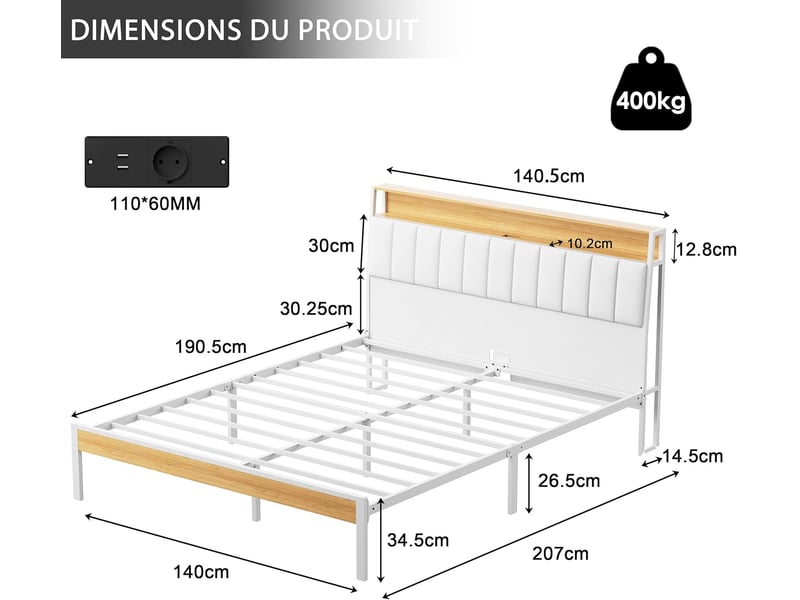  Ensemble matelas et sommier 140x190, surmatelas épaisseur 30 cm, fermeté moyenne, cadre de lit avec base en métal, avec lumières led et prises multiples, avec blanc casier  - Conforama C