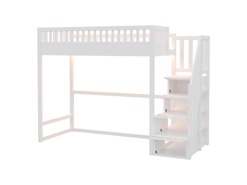 Lit mezzanine 90x200 cm,escalier réversible avec rangements, garde-corps, éclairage led et espace libre, pin, blanc - Conforama E