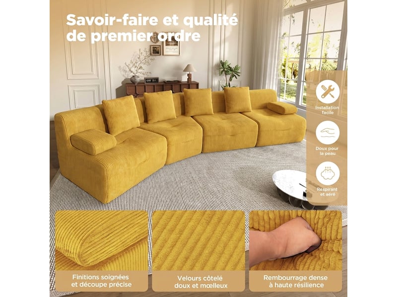 Canapé modulable 4 places en velours côtelé, canapé jaune sans montage requis, 311 cm - Conforama W