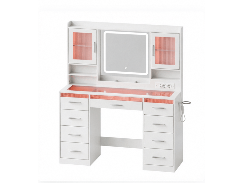  Coiffeuse moderne avec miroir et éclairage led, plateau en verre trempé, grand espace de rangement, blanche  - Conforama A