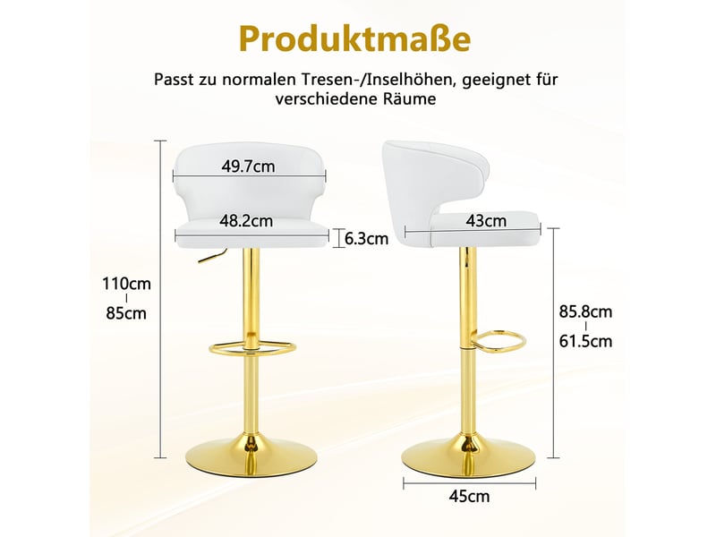  Tabourets de bar 49.7x45x110 cm lot de 2, réglables en hauteur, pivotants 360°, avec dossier, polyuréthane (pu), blanc  - Conforama C