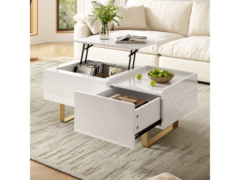  Table basse relevable - 100x50x54.5cm - table de salon en bois mdf laqué moderne avec tiroir, coffre et pieds dorés - blanc  - Conforama C