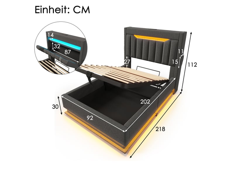  Modenvie lit coffre 90x200 cm - avec led, ports usb-c et rangement, matelas inclus - gris  - Conforama C