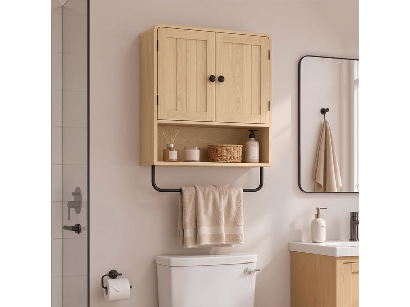  Armoire murale salle de bain 2 portes étagère niche avec porte-serviette effet bois clair métal noir  - Conforama B