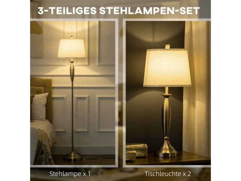  Lot de 3 lampes modernes e27, argent et blanc, 1 lampadaire et 2 lampes de table, pour salon et chambre  - Conforama C
