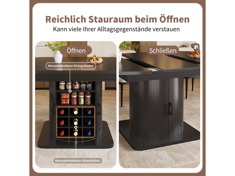  Noir table à manger extensible avec rangement, design moderne, structure fonctionnelle pour cuisine et salle à manger  - Conforama D