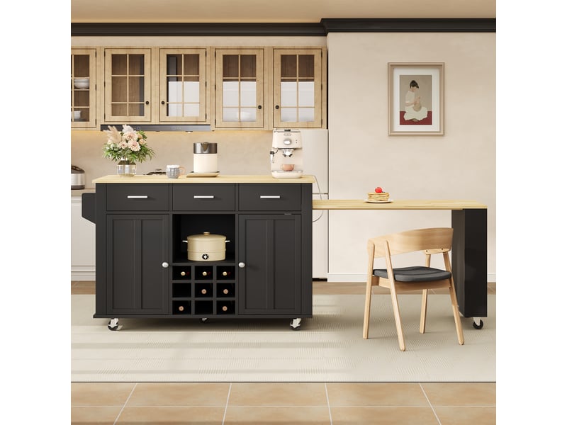 Îlot de cuisine avec plan de travail extensible, desserte de cuisine à roulettes avec 3 tiroirs, casier à vin et prises usb, noirchêne - Conforama W