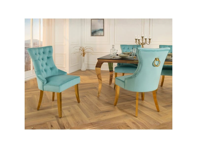 Lot de 2 chaises chesterfield regina bleu turquoise en velours capitonné – anneau et pieds dorés - Conforama B