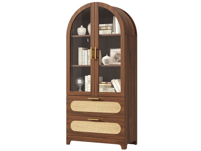 Meuble de cuisine muvano, vitrine avec portes en verre, effet noyer, 2 tiroirs, 80 × 40 × 175 cm - Conforama B
