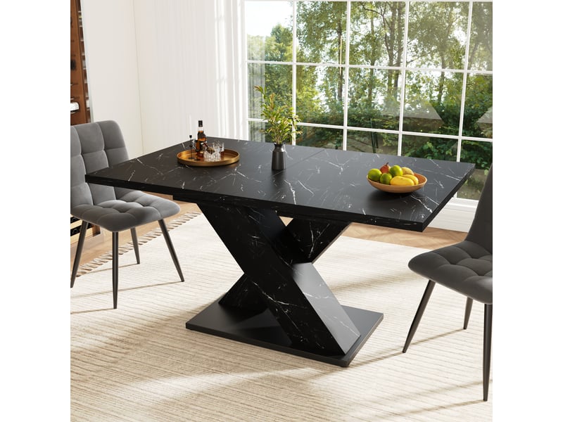  Table à manger rectangulaire extensible 119-158,5 x 80 cm, plateau mdf effet marbre noir, piètement en x, rails métalliques, 4 à 6 places  - Conforama C