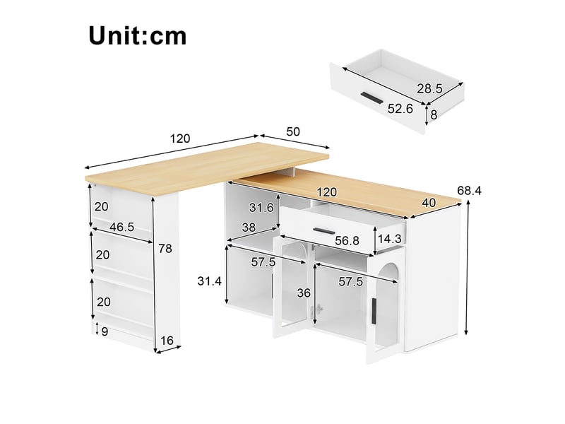 Îlot de cuisine fixe 136 x 50 cm, plateau pivotant à 360°, mdf blanc - Conforama C