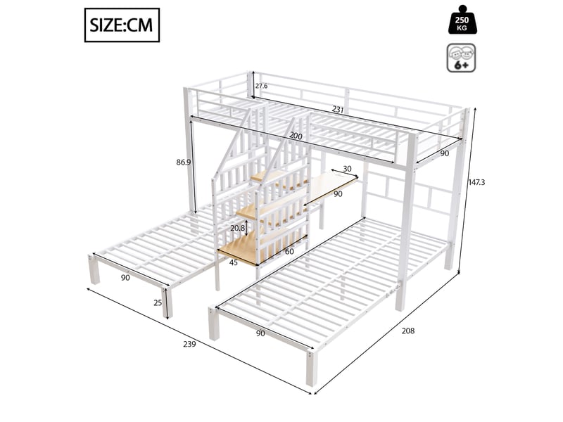 Lit superposé 3 couchages blanc 90x200 cm avec bureau led usb rangement échelle - Conforama C