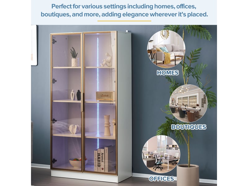  Lot de 2 vitrines avec portes vitrées et éclairage led, étagères réglables, en panneau de particules blanc  - Conforama E