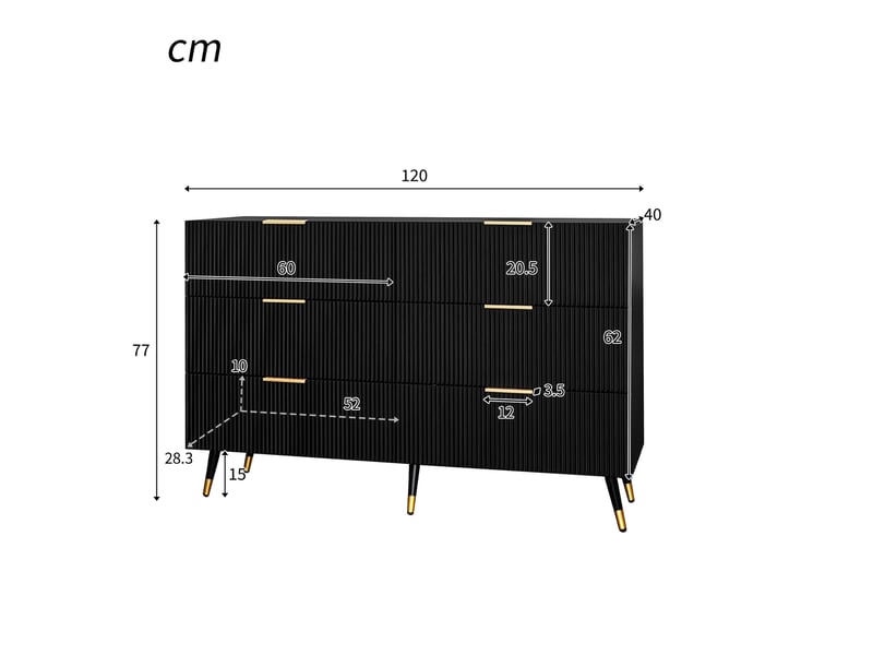 Commode 120x40x77cm, chiffonier avec 6 tiroirs de rangement, meuble salon, aggloméré, noir - Conforama C
