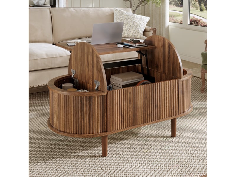  Table basse 100x48x53,5 cm, plateau escamotable, espace de rangement, style vintage, pour salon, en bois et mdf, noyer  - Conforama E