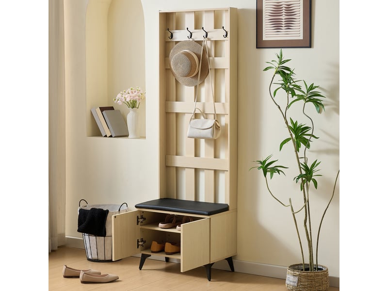  Porte-manteau moderne avec banc et patère - construction, 4 crochets pour vestes et sacs, pieds en acier noir, design élégant pour couloir et N621P467878N - Conforama D