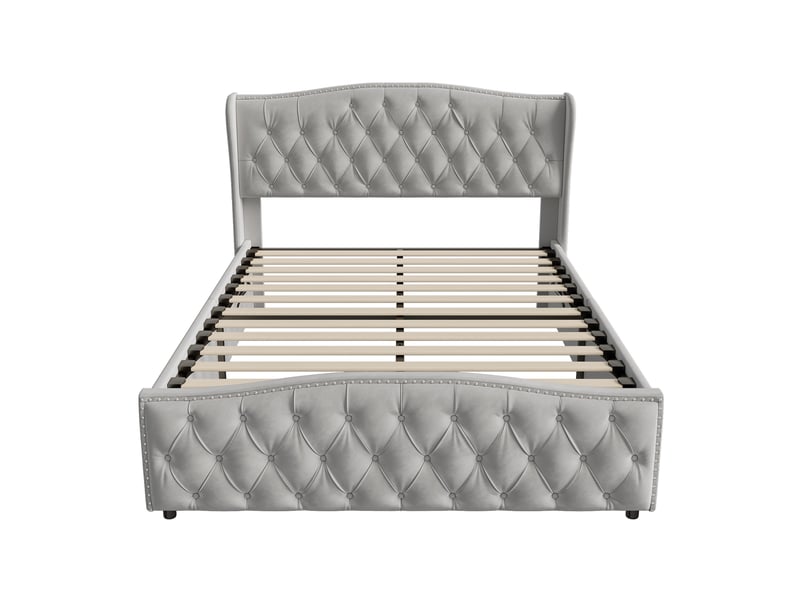  Lit coffre 140x190cm - lit double 140x190 avec tête de lit capitonnée vague, rivets, coffre &amp; velours - gris  - Conforama A