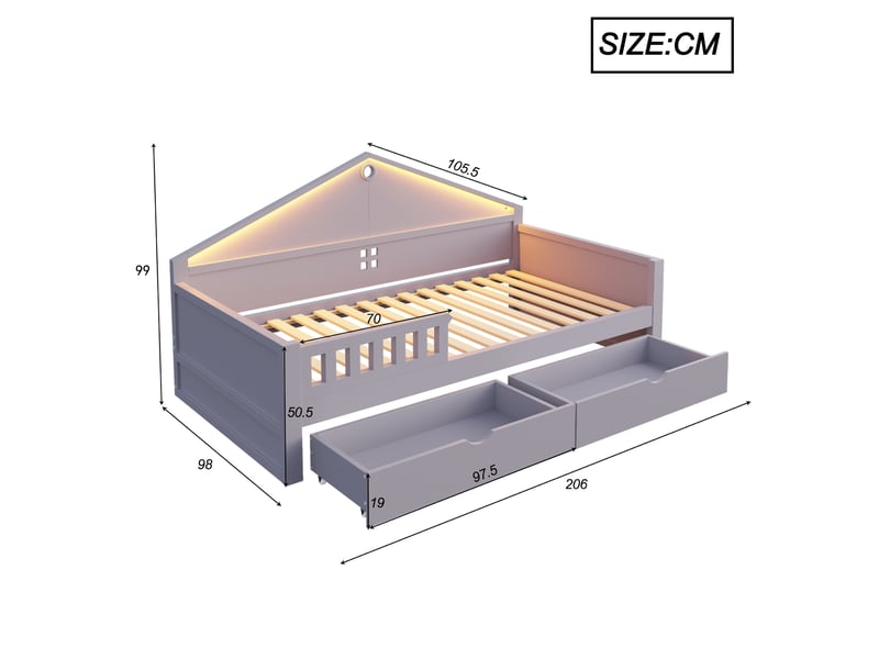  Lit enfant 90x200 cm gris avec bandeau led contrôlable, 2 tiroirs et sommier à lattes inclus  - Conforama C