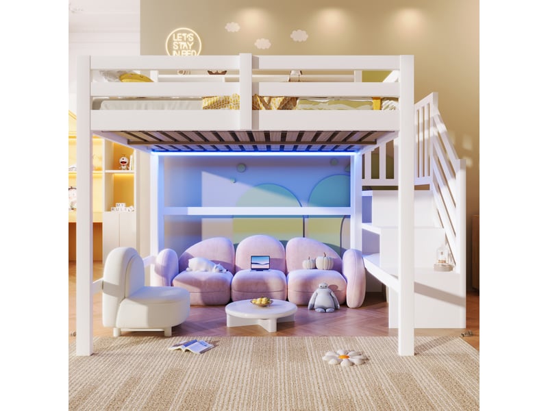 Lit mezzanine enfant 140x200 cm blanc avec led, rangements et échelle  - Conforama B