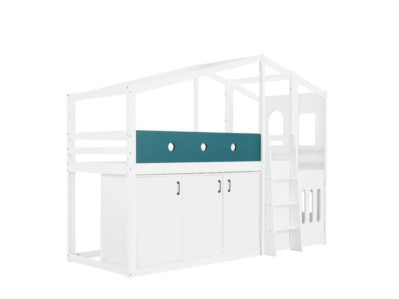  Lit mezzanine enfant 90x200 cm en bois blanc, design maison, rangement et espace de jeu  - Conforama A