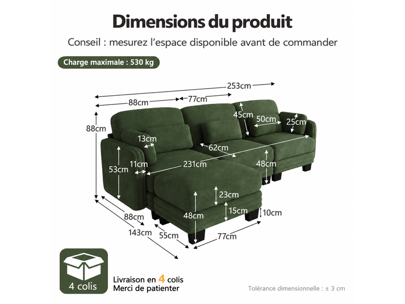  Canapé d’angle modulable 3 places 253x143x88 cm, avec pouf, assise profonde, coussins lombaires et d’accoudoirs, en tissu chenille vert  - Conforama D