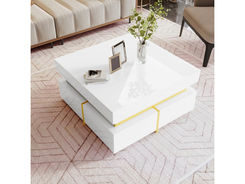  Table basse 70x70x35,5 cm avec 2 tiroirs, rangement sur deux côtés, finition brillante, panneaux de particules, blanc et doré ABC - Conforama E