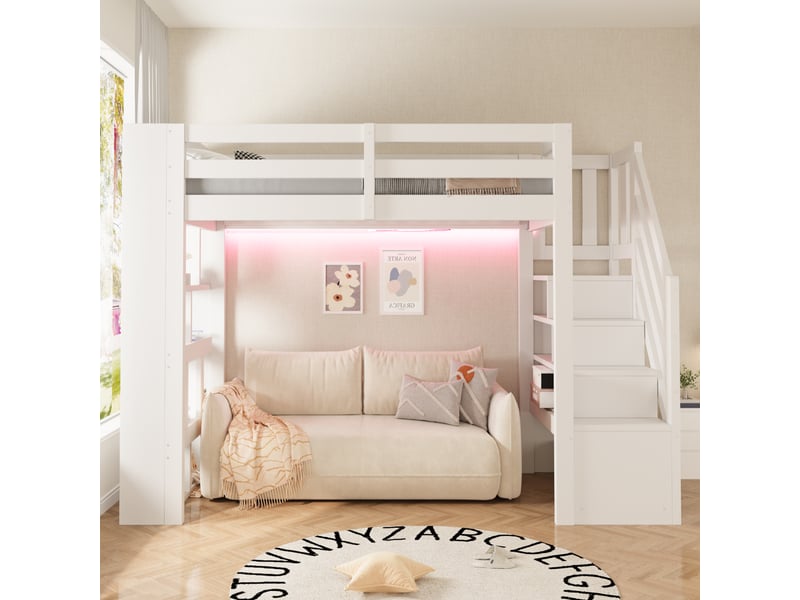  Lit mezzanine 90x200 cm coloris blanc en mdf rangement led  - Conforama B