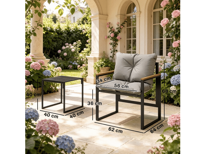  Salon de jardin 3 pièces avec 2 fauteuils et table basse, métal noir et gris  - Conforama C