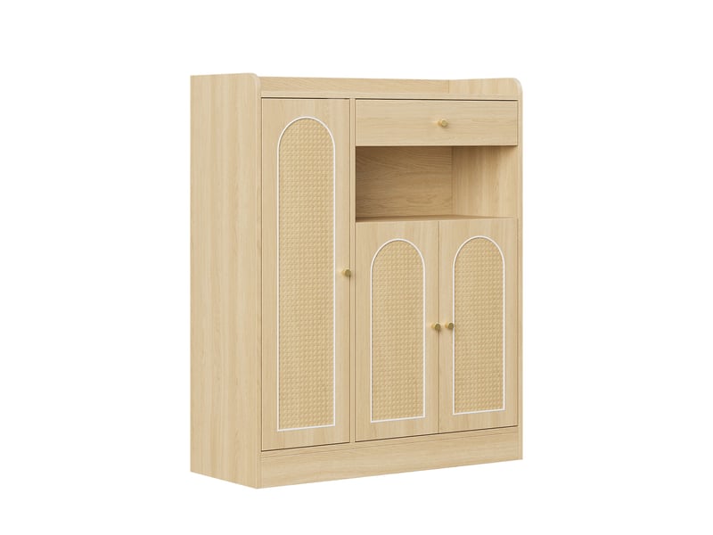  Meuble à chaussures oslo rotin nature 90x35x110 cm, 3 portes, tiroir &amp; étagères réglables  - Conforama E