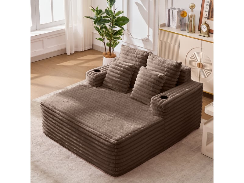 Fauteuil 2 places - 135x128x86 cm - lit convertible chaiselongue surdimensionnée avec porte-gobelets et velours - marron  - Conforama B